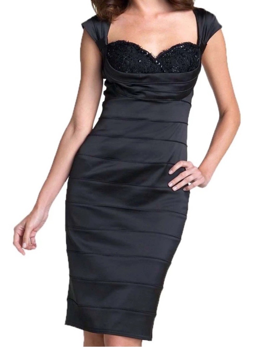 EUC Tadashi Shoji Collection Beaded Sweetheart Stretch Sheath Dress Black Size 8